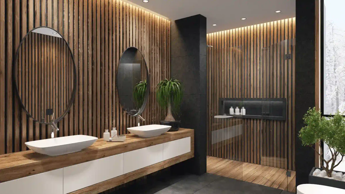 Contemporary bathroom with twin basins, timber effect walls and a walk-in shower
